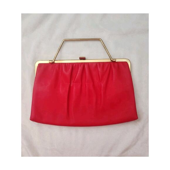Small Vintage Purse Red Leather/Gold Handle Clutch Wallet Pleated Evening Bag - Picture 1 of 8